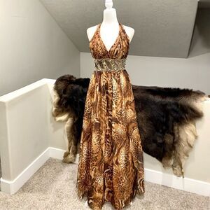 Sexy Leopard Print Chiffon & Beaded Halter Party Dress